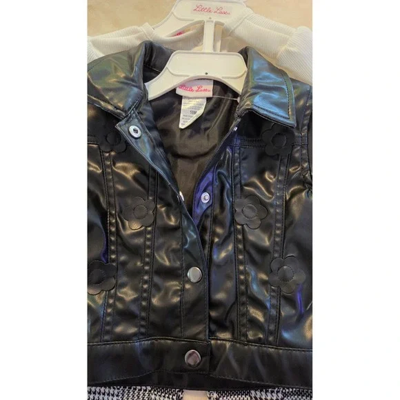 NWT Little Lass 18M 3pc Faux Leather Jacket Set Plaid Pants - Picture 4 of 7
